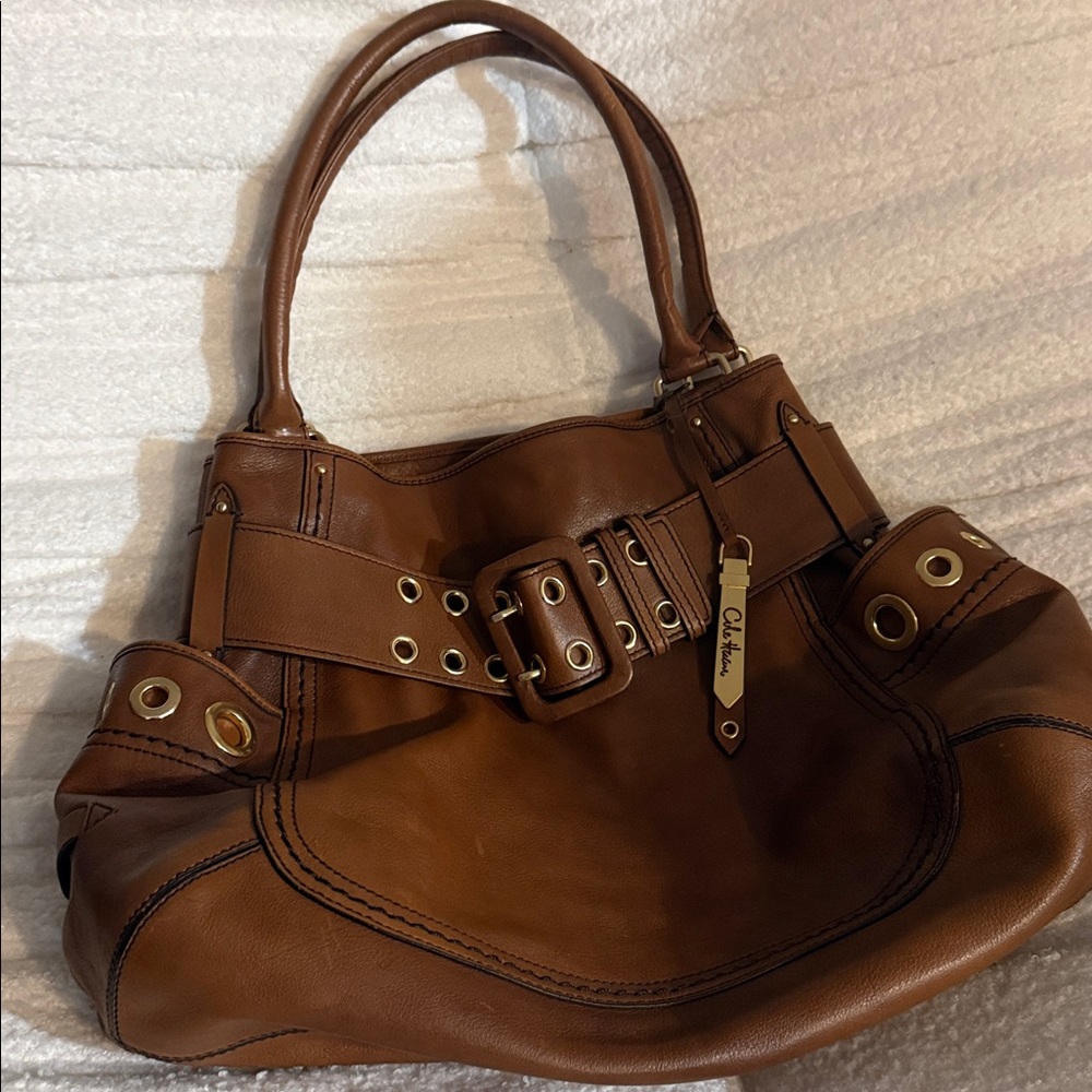 Cole Haan Whitney Brown Leather Brass Grommet Hobo Shoulder Satchel